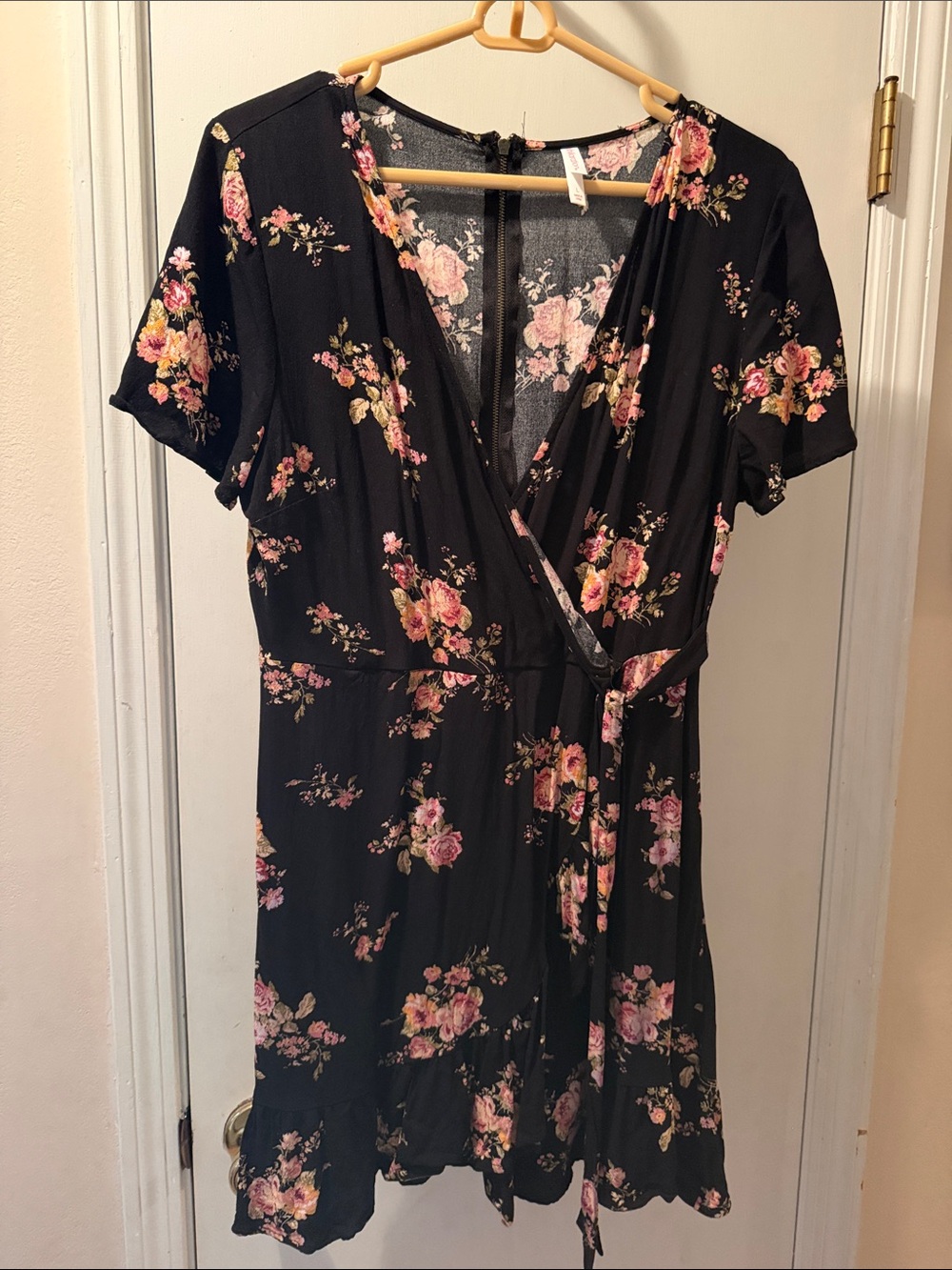 Xhilaration Black Floral Midi Dress with Pink Rose Pattern
